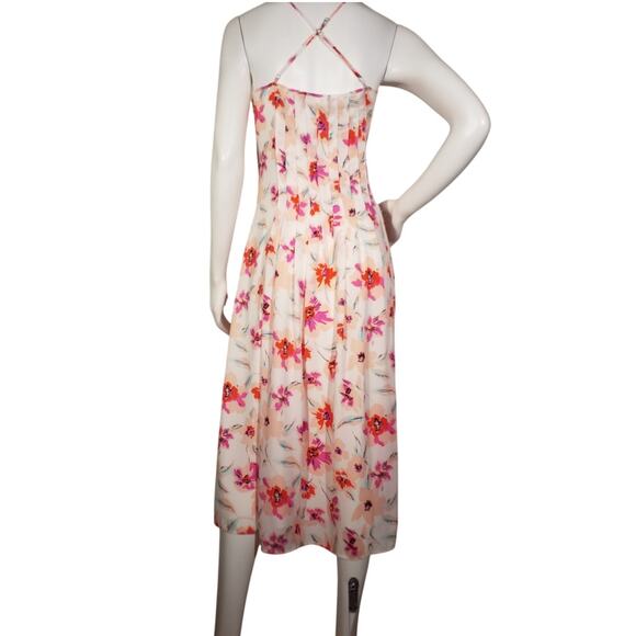 Banana Republic Womens Sz 4 Pintuck Pink Floral Spaghetti Strap Cross Midi Dress - Picture 5 of 8